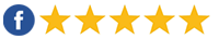 Facebook logo with five gold stars representing excellent customer rating or review