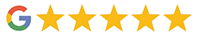 Google logo with five gold stars indicating a five-star rating review.