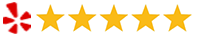 Yelp five-star rating display with yellow stars and red Yelp logo icon